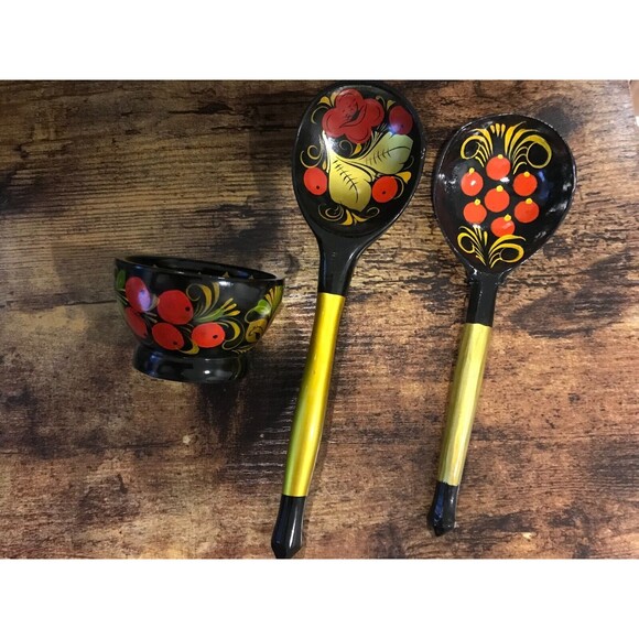 Vintage Russian Khokhloma Wood Spoons and Bowl Hand Painted - Picture 1 of 4